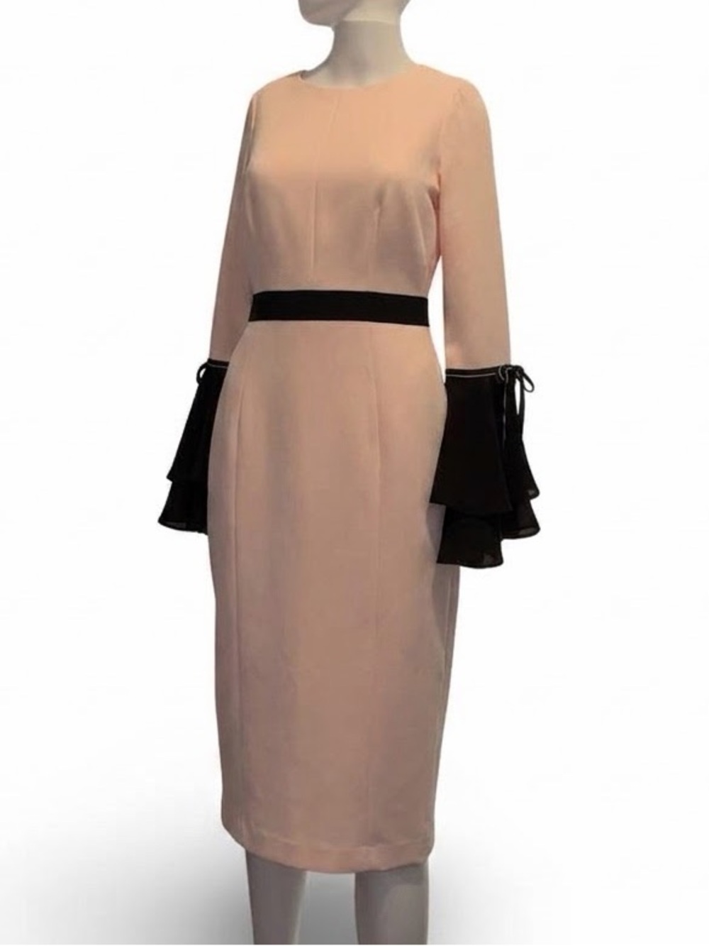 Eva Mendes Collection Blush Pink Black Bell Sleeve Sheath Midi Dress Size 0